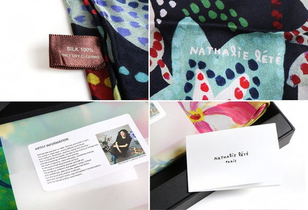 Fashion Silk Petit Square Scarf Nathalie Lete Shawl Wrap - Blue Folks Flowers